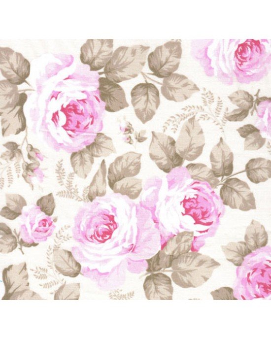 Tecido Estampado Floral Jamile cor - 02 (Bege com Rosa)